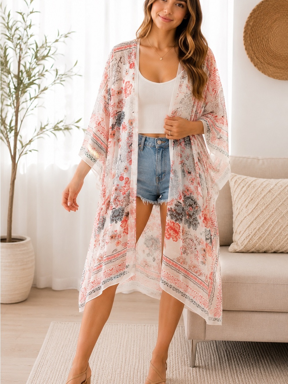 Lightweight Floral Sheer Kimono - Coral & Gray